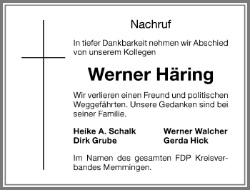 Traueranzeige von Werner Häring von Memminger Zeitung