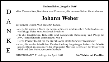 Traueranzeige von Johann Weber von Allgäuer Anzeigeblatt