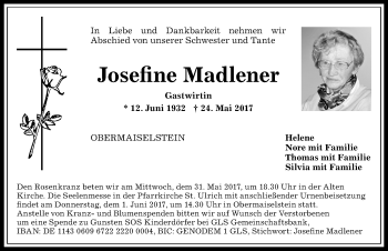 Traueranzeige von Josefine Madlener von Allgäuer Anzeigeblatt