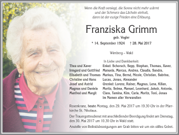 Traueranzeige von Franziska Grimm von Allgäuer Zeitung, Marktoberdorf