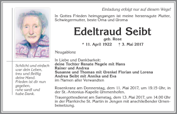 Traueranzeige von Edeltraud Seibt von Allgäuer Zeitung, Kaufbeuren/Buchloe