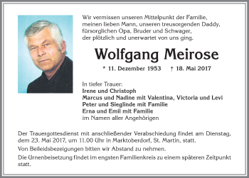 Traueranzeige von Wolfgang Meirose von Allgäuer Zeitung, Marktoberdorf