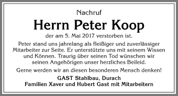 Traueranzeige von Peter Koop von Allgäuer Zeitung,Kempten