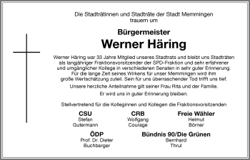 Traueranzeige von Werner Häring von Memminger Zeitung