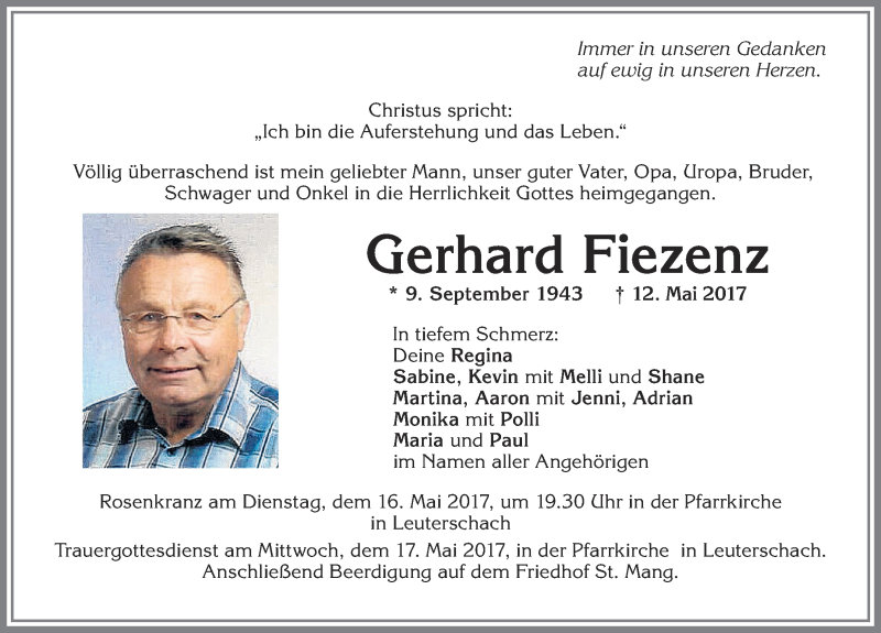  Traueranzeige für Gerhard Fiezenz vom 15.05.2017 aus Allgäuer Zeitung, Marktoberdorf