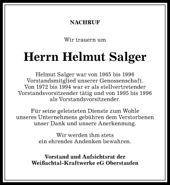 Traueranzeige von Helmut Salger von Allgäuer Anzeigeblatt