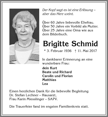 Traueranzeige von Brigitte Schmid von Allgäuer Zeitung,Kempten