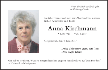 Traueranzeige von Anna Kirchmann von Der Westallgäuer