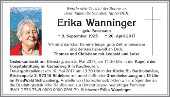 Traueranzeige von Erika Wanninger von Allgäuer Zeitung, Kaufbeuren/Buchloe