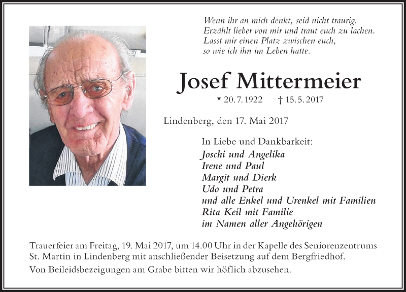  Traueranzeige für Josef Mittermeier vom 17.05.2017 aus Der Westallgäuer
