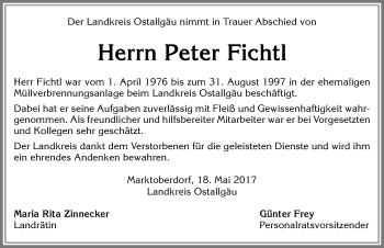 Traueranzeige von Peter Fichtl von Allgäuer Zeitung, Marktoberdorf