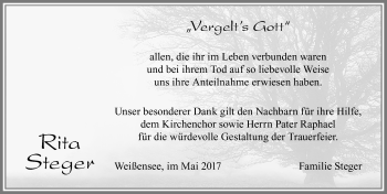 Traueranzeige von Rita Steger von Allgäuer Zeitung, Füssen