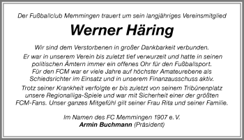 Traueranzeige von Werner Häring von Memminger Zeitung