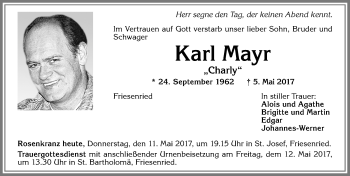 Traueranzeige von Karl Mayr von Allgäuer Zeitung, Kaufbeuren/Buchloe