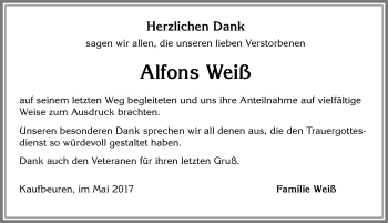 Traueranzeige von Alfons Weiß von Allgäuer Zeitung, Kaufbeuren/Buchloe