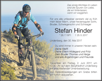 Traueranzeige von Stefan Hinder von Der Westallgäuer