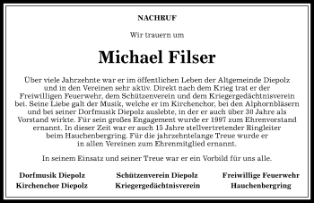 Traueranzeige von Michael Filser von Allgäuer Anzeigeblatt