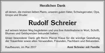 Traueranzeige von Rudolf Schreier von Allgäuer Zeitung, Kaufbeuren/Buchloe
