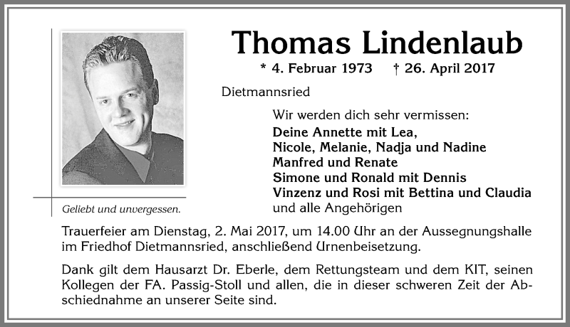  Traueranzeige für Thomas Lindenlaub vom 29.04.2017 aus Allgäuer Zeitung,Kempten