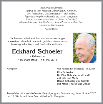 Traueranzeige von Eckhard Schoeler von Allgäuer Zeitung,Kempten