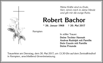 Traueranzeige von Robert Bachor von Allgäuer Zeitung,Kempten