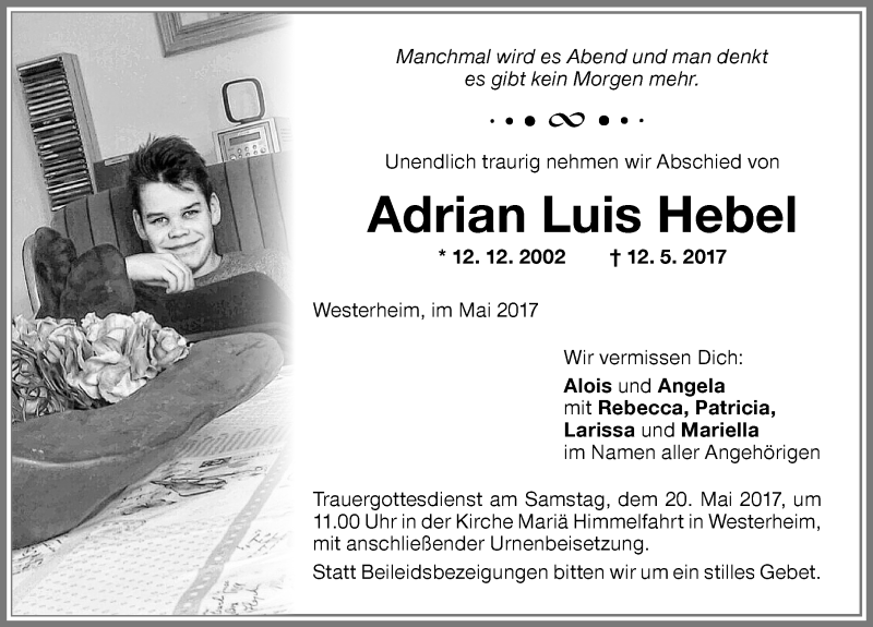  Traueranzeige für Adrian Luis Hebel vom 17.05.2017 aus Memminger Zeitung