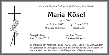 Traueranzeige von Maria Kösel von Allgäuer Zeitung, Marktoberdorf