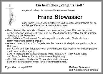 Traueranzeige von Franz Stowasser von Allgäuer Zeitung, Kaufbeuren/Buchloe