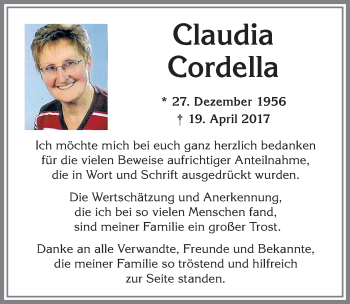 Traueranzeige von Claudia Cordella von Allgäuer Zeitung, Kaufbeuren/Buchloe