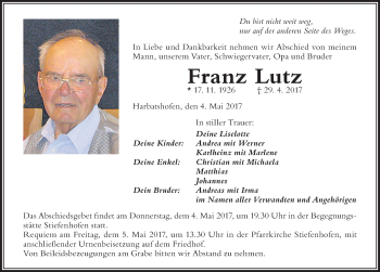Traueranzeige von Franz Lutz von Der Westallgäuer