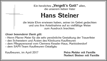 Traueranzeige von Hans Steiner von Allgäuer Zeitung, Kaufbeuren/Buchloe