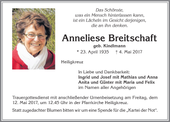 Traueranzeige von Anneliese Breitschaft von Allgäuer Zeitung,Kempten