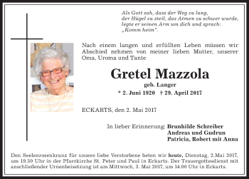 Traueranzeige von Gretel Mazzola von Allgäuer Anzeigeblatt