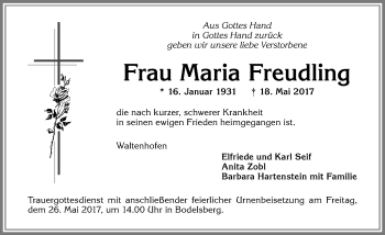 Traueranzeige von Maria Freudling von Allgäuer Zeitung,Kempten