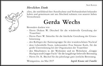 Traueranzeige von Gerda Wechs von Der Westallgäuer