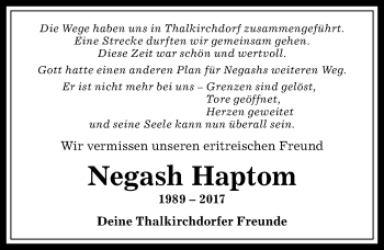 Traueranzeige von Negash Haptom von Allgäuer Anzeigeblatt