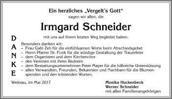 Traueranzeige von Irmgard Schneider von Allgäuer Zeitung,Kempten