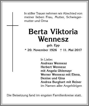 Traueranzeige von Berta Viktoria Wennesz von Allgäuer Zeitung,Kempten