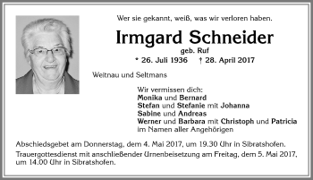 Traueranzeige von Irmgard Schneider von Allgäuer Zeitung,Kempten