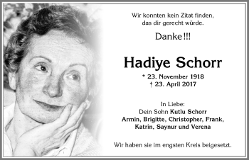 Traueranzeige von Hadiye Schorr von Allgäuer Zeitung,Kempten