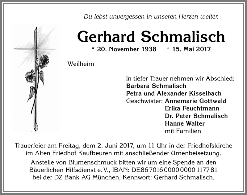  Traueranzeige für Gerhard Schmalisch vom 27.05.2017 aus Allgäuer Zeitung, Gesamtausgabe