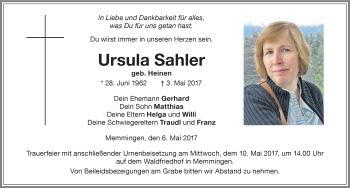 Traueranzeige von Ursula Sahler von Memminger Zeitung