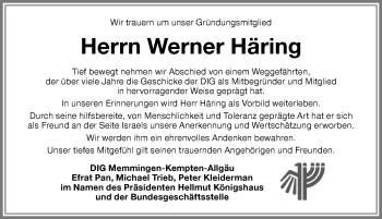 Traueranzeige von Werner Häring von Memminger Zeitung