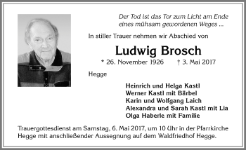 Traueranzeige von Ludwig Brosch von Allgäuer Zeitung,Kempten