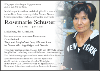 Traueranzeige von Rosemarie Schuster von Der Westallgäuer
