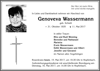Traueranzeige von Genoveva Wassermann von Allgäuer Zeitung, Marktoberdorf