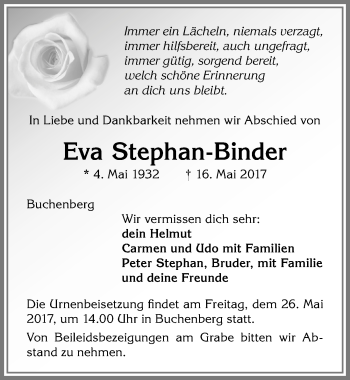 Traueranzeige von Eva Stephan-Binder von Allgäuer Zeitung,Kempten