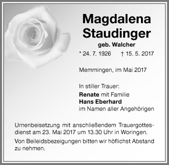 Traueranzeige von Magdalena Staudinger von Memminger Zeitung