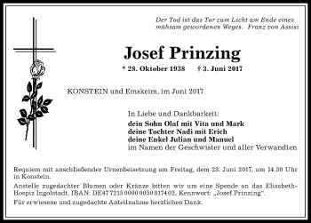 Traueranzeige von Josef Prinzing von Allgäuer Anzeigeblatt