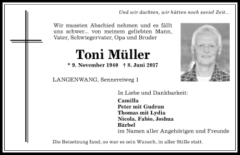 Traueranzeige von Toni Müller von Allgäuer Anzeigeblatt